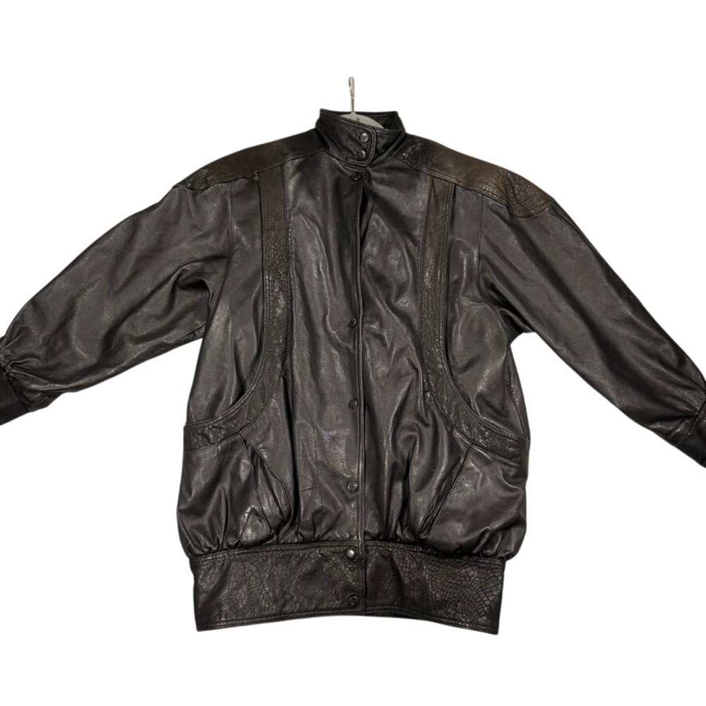 Vintage Snake Pattern Leather Bomber Jacket Small Women Black Removable Liner